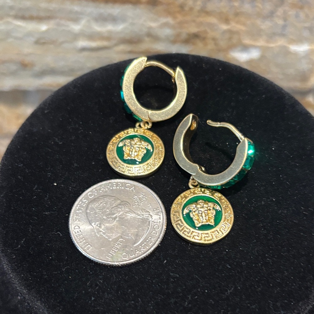 Versace Gold Tone Hoop Earrings with Green Enamel Medallions - Picture 6 of 6